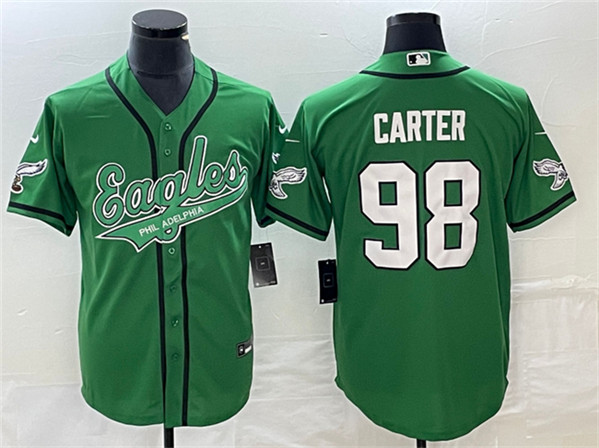 Men's Philadelphia Eagles #98 Jalen Carter Green Cool Base Stitched Baseball Jersey - Click Image to Close